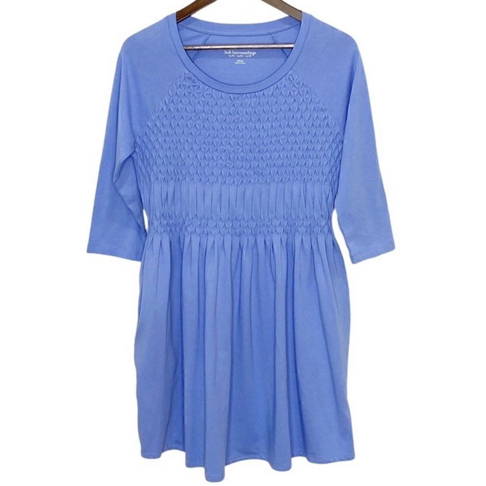 Soft Surroundings Sylvie Blue Smocked Jersey Knit 3/4 Sleeve Dress Size M